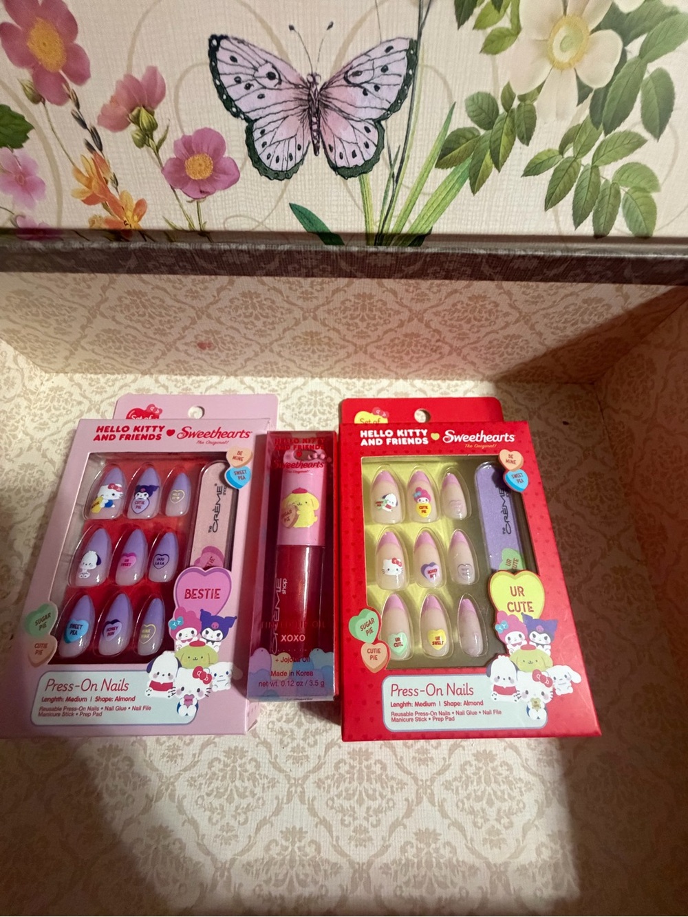 2 Hello Kitty Press-On Nail Sets in Pink, Purple & Pastel Yellow & Lip Tint 👄